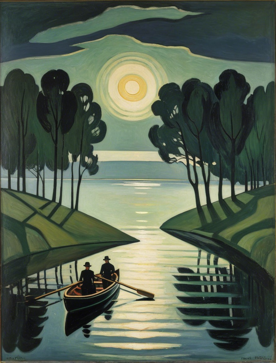 Serene landscape with moonlit river and figures in boat
