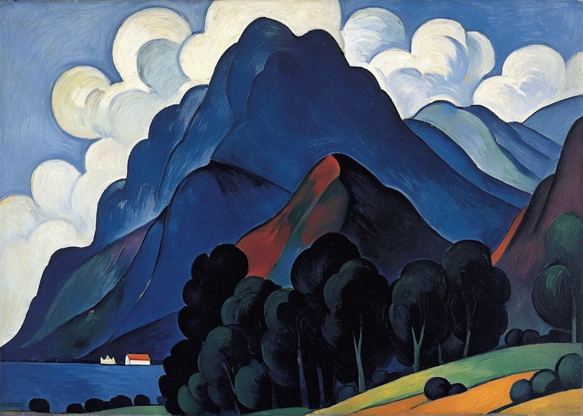 Vibrant Stylized Landscape with Mountains and Lake