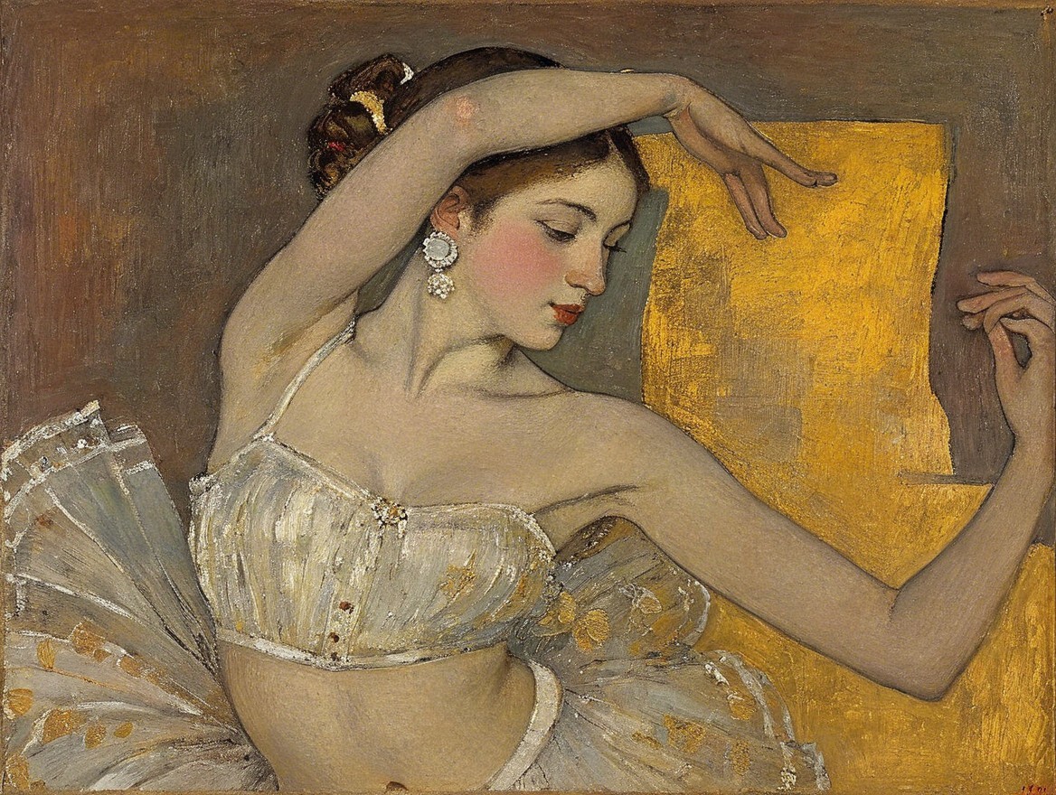 Ballerina in Tutu Against Vibrant Golden Background