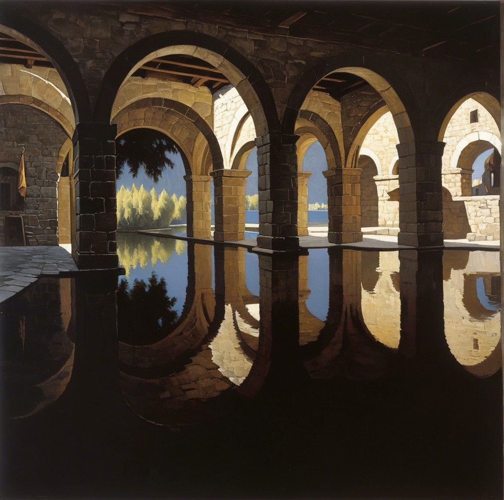 Architectural Serenity with Stone Arches and Reflection