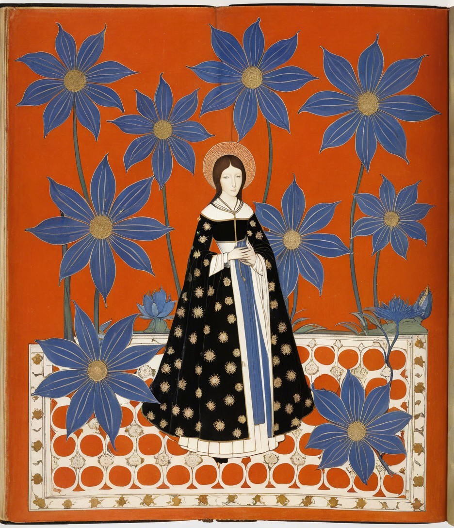 Graceful figure in black gown with golden motifs