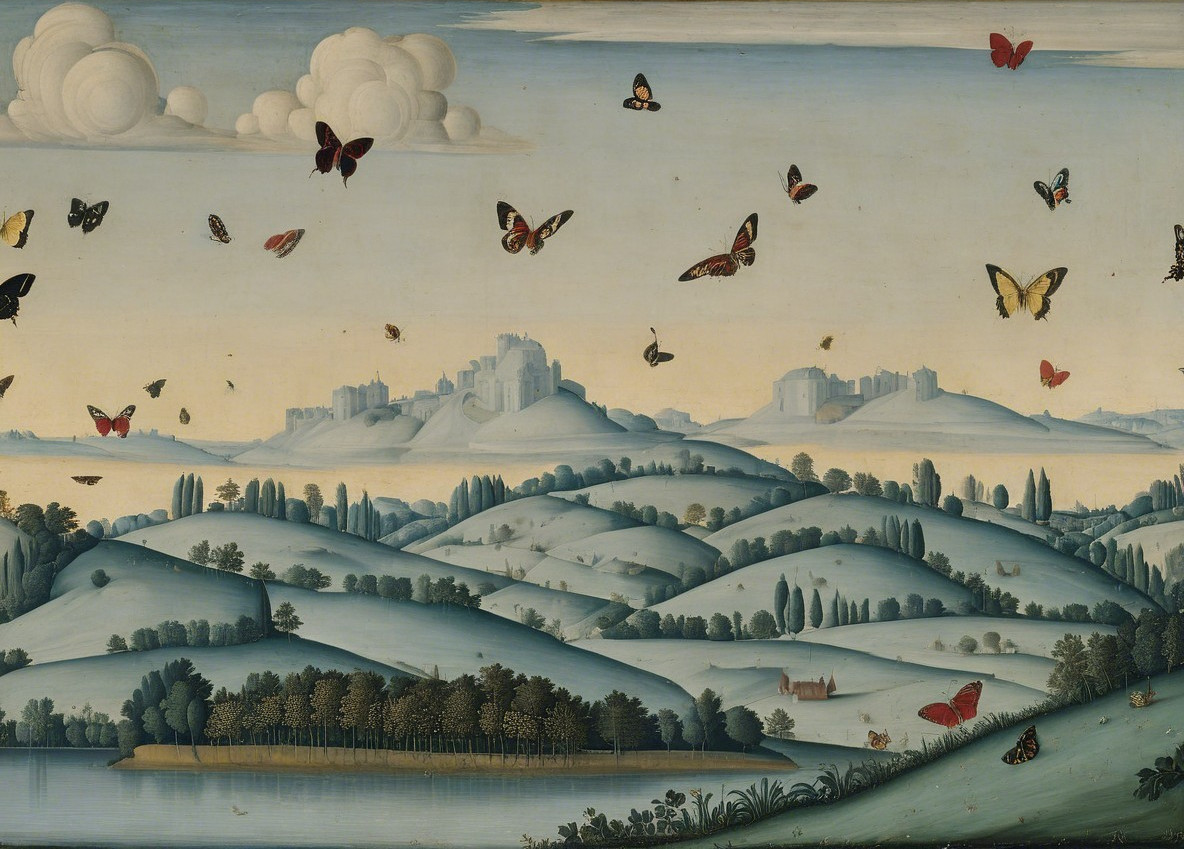 Serene Landscape with Hills, Lake, and Castles