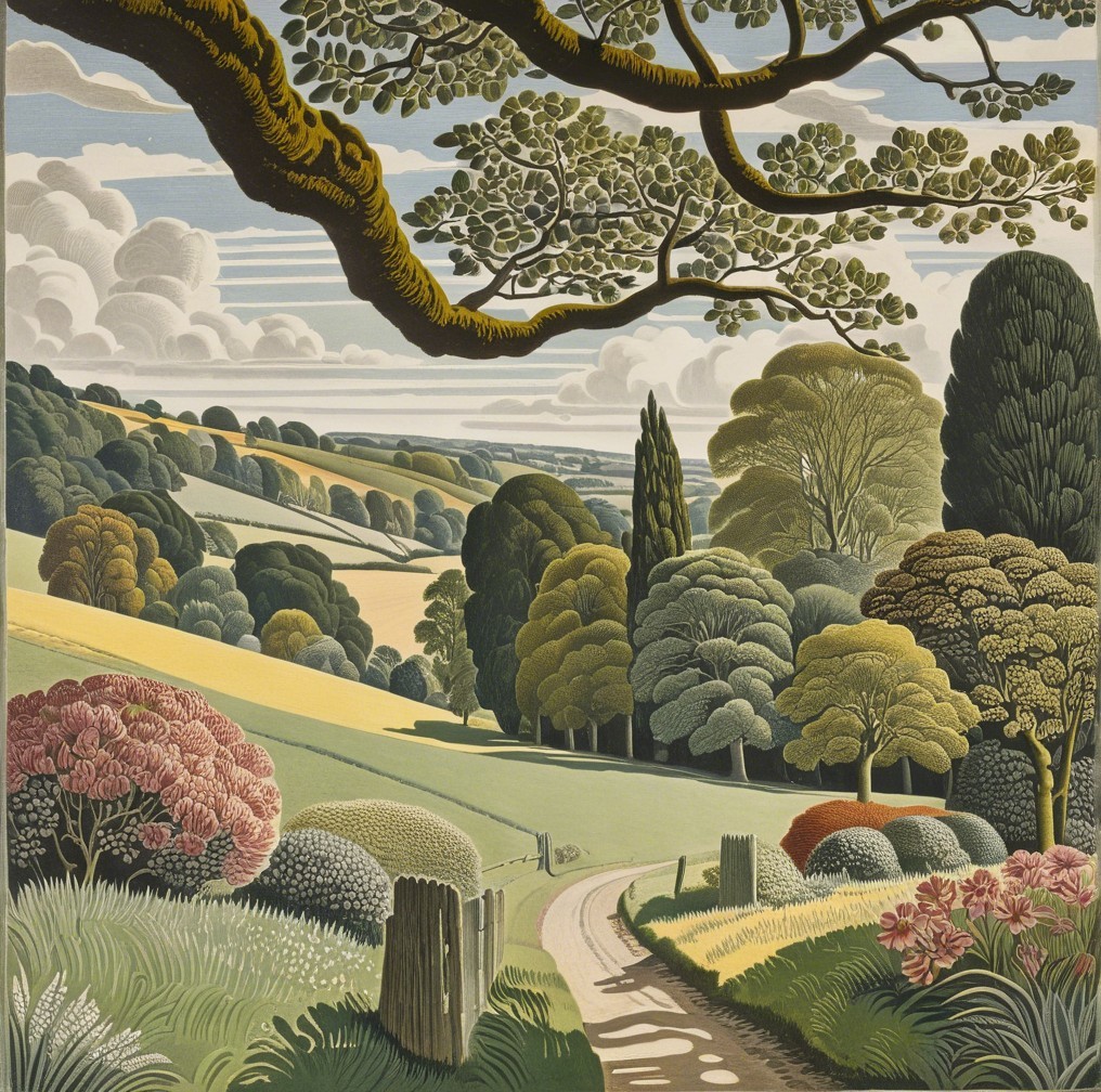 Serene Countryside Scene with Rolling Hills and Trees