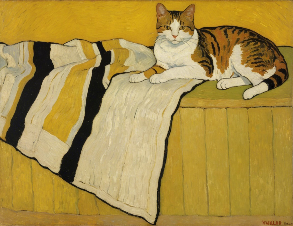 Calico Cat on Wooden Surface with Yellow Background