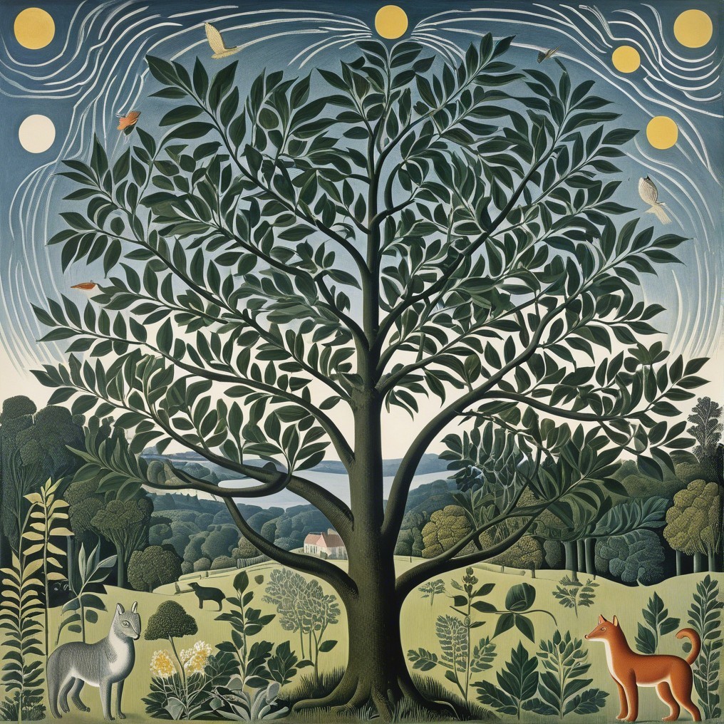 Vibrant Tree and Wildlife in Serene Nature Landscape