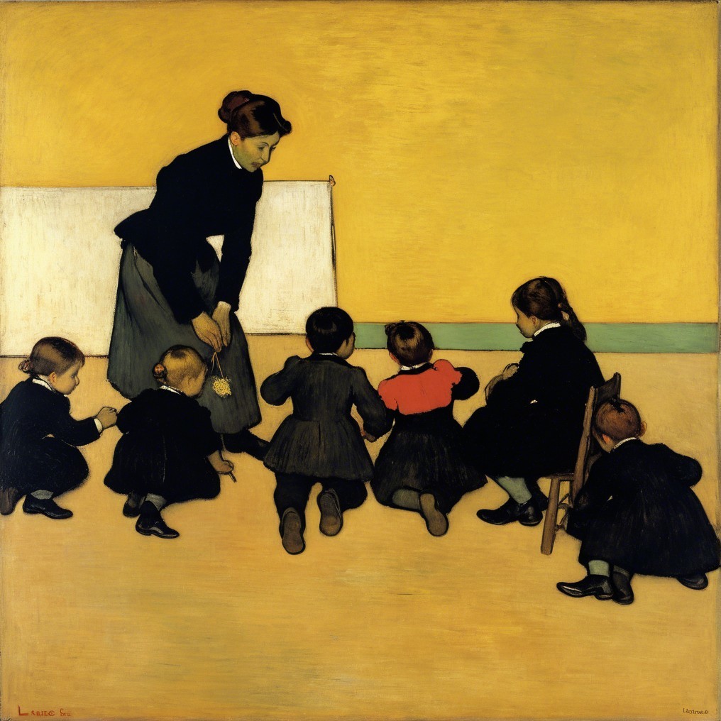 Woman in Period Attire with Children in Dark Clothing