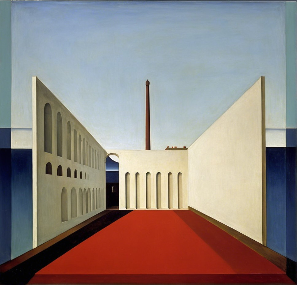 Minimalist Architectural Scene with Red Floor and Smokestack