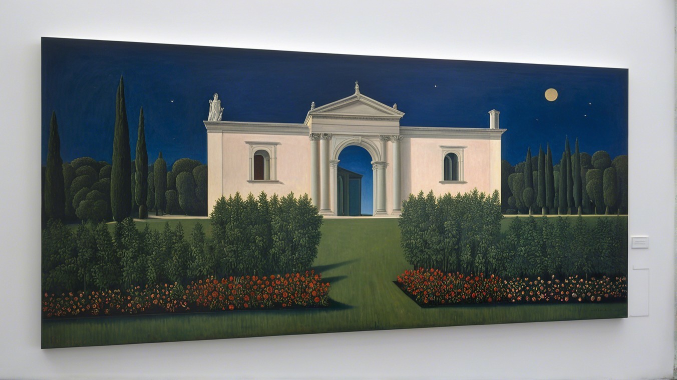 Serene Night Scene with Classical Building and Nature