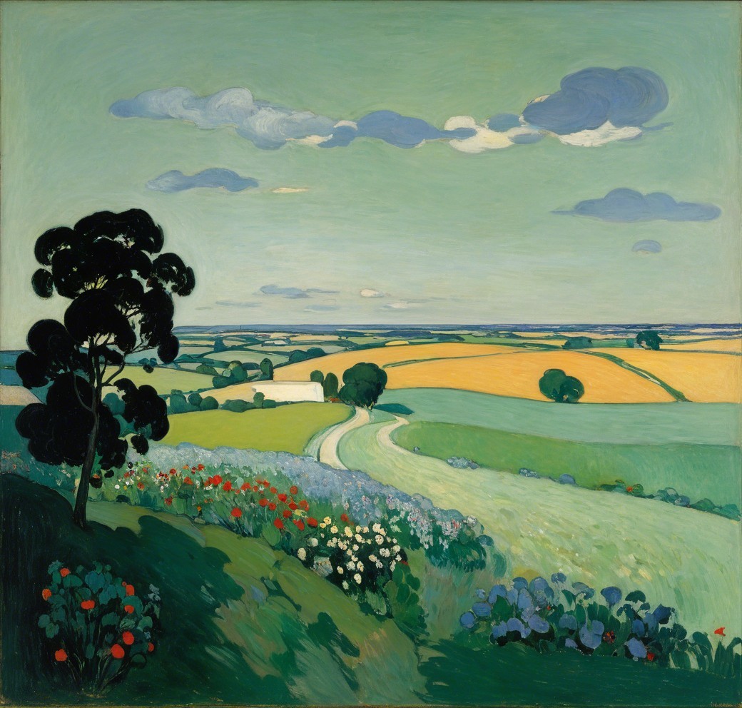 Serene Landscape with Green Fields and Vibrant Flowers