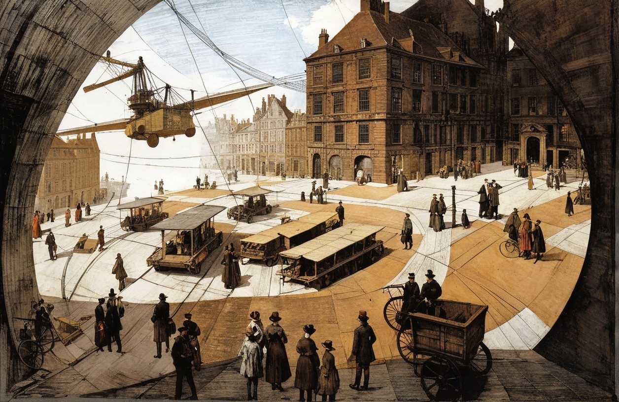 Historical Urban Scene with Carriages and Aerial Vehicle