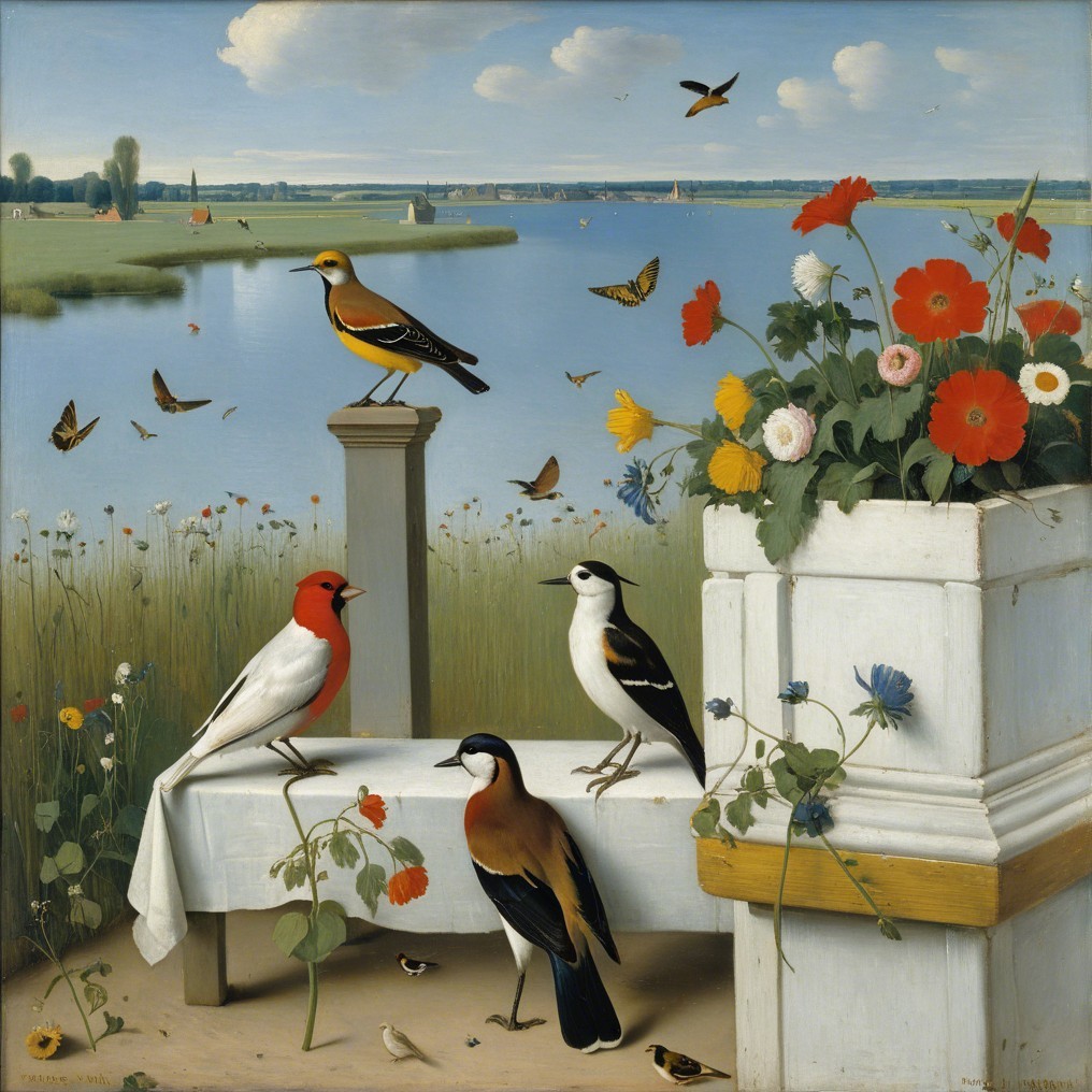Tranquil Lake Landscape with Colorful Birds and Flowers