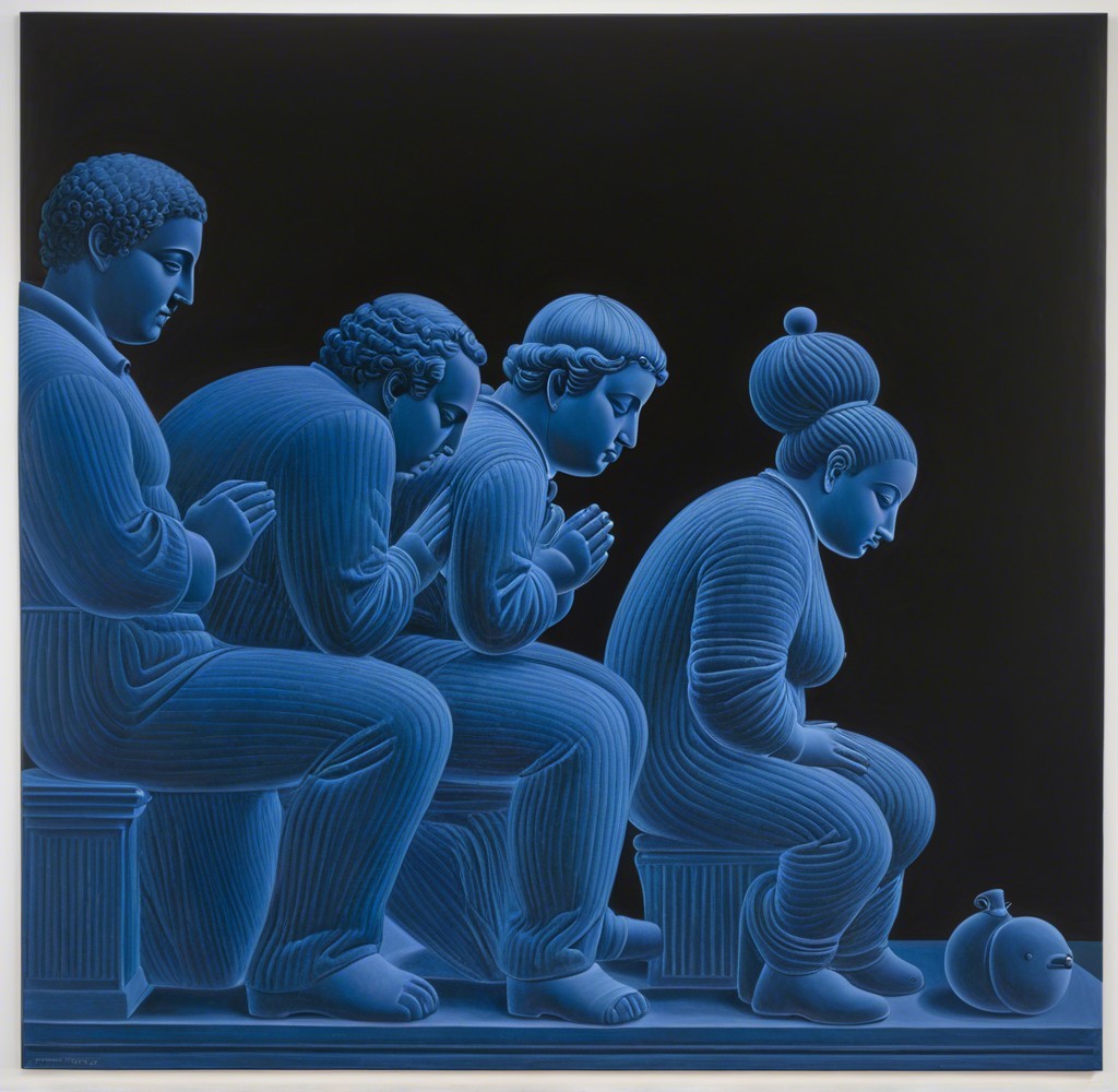 Four Contemplative Figures in Shades of Blue