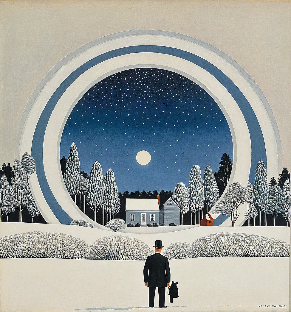 Solitary Man in Black Suit in Snowy Night Landscape