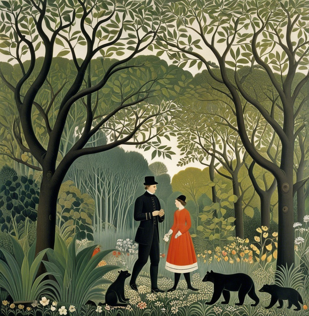 Man and woman in forest with playful bears nearby