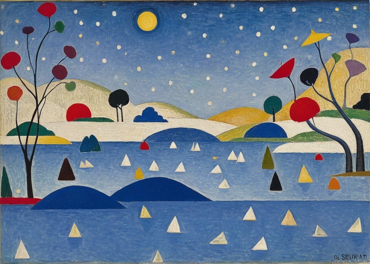 Serene Landscape with Vibrant Lake and Moonlit Sky