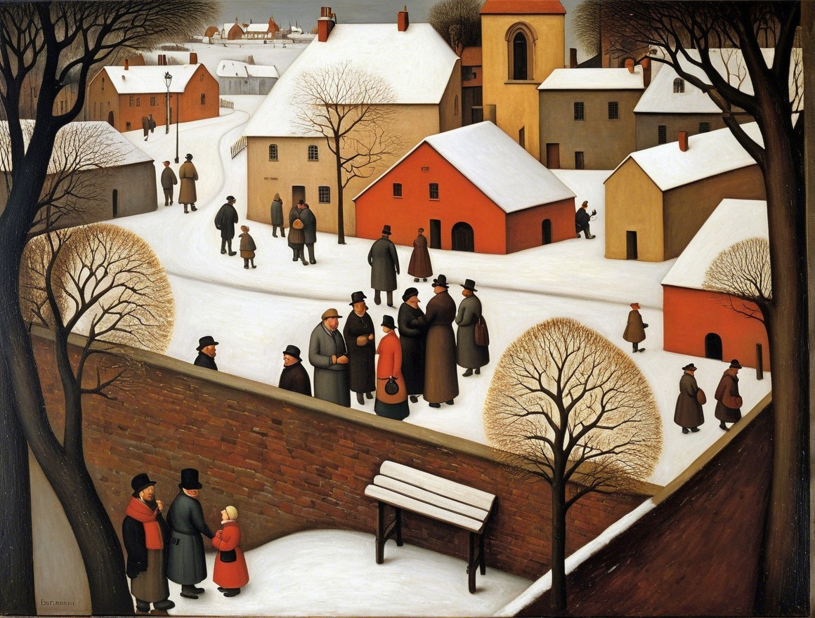 Winter Village Scene with Snow and Community Life