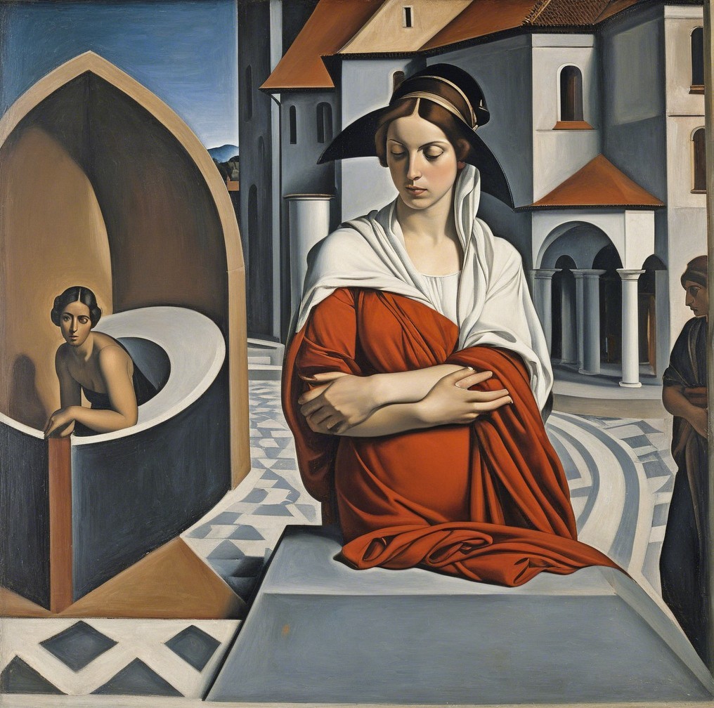 Serene Scene with Central Figure in Red Garment