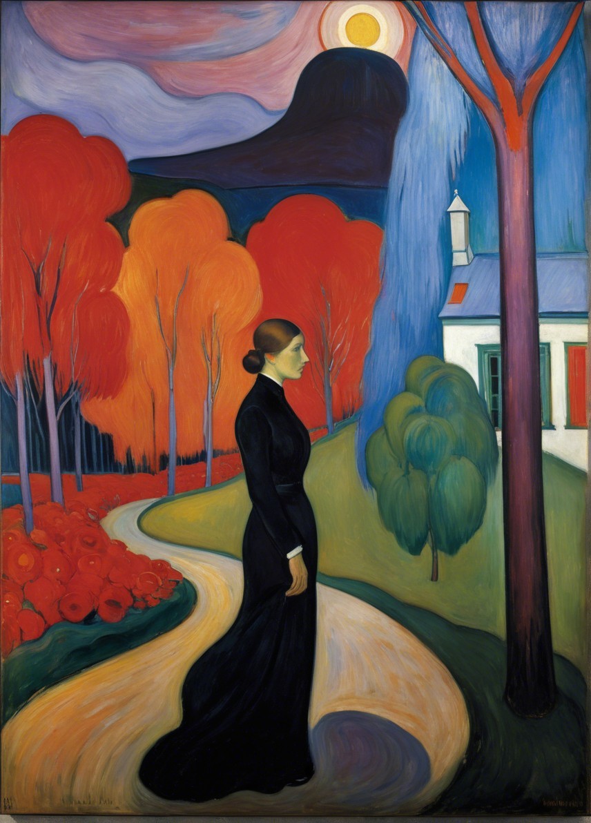 Solitary Woman in Black Dress Amidst Autumn Landscape