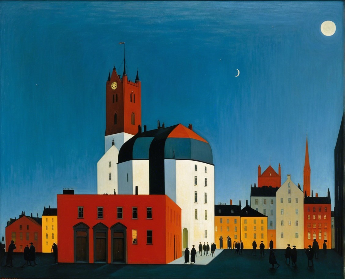 Stylized Night Scene of Town with Clock Tower and Moon