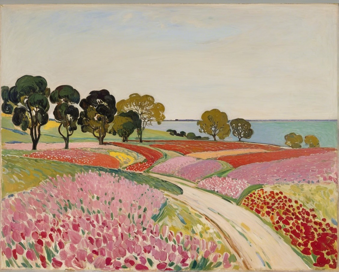 Vibrant Landscape with Rolling Hills and Blooming Flowers