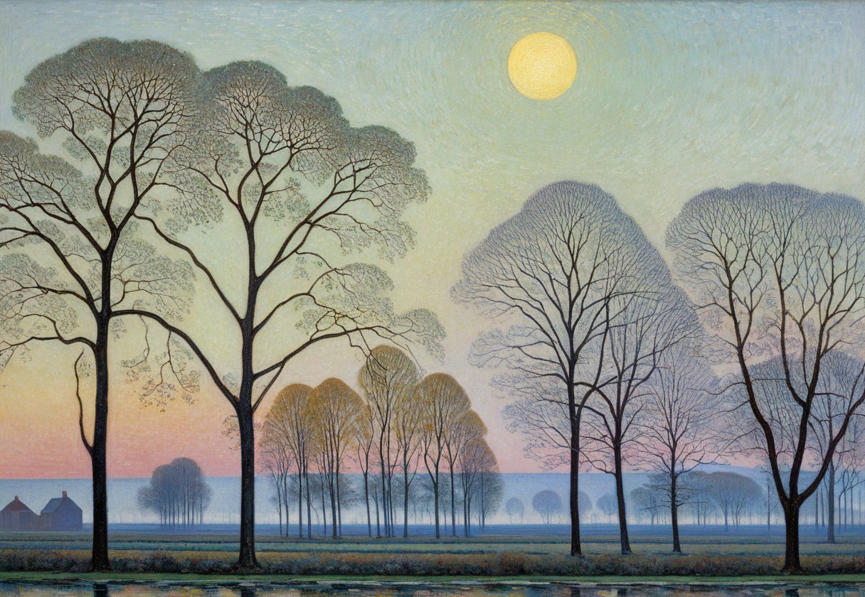 Serene Dusk Landscape with Silhouetted Trees and Water