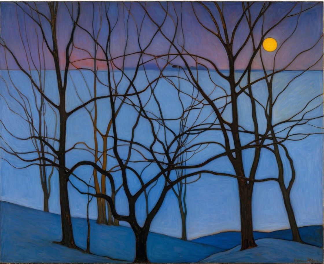 Silhouette Trees Against Deep Blue Sky Landscape Painting