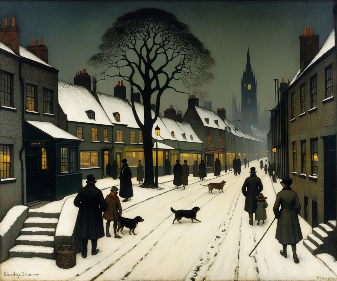 Snowy Dusk Street Scene with Pedestrians and Dogs