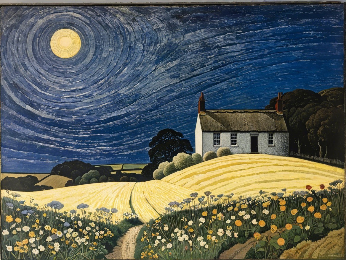 Countryside Night Scene with Cottage and Moonlight