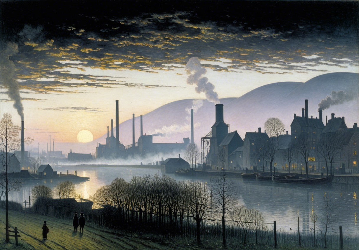 Twilight Industrial Landscape by a River with Smokestacks