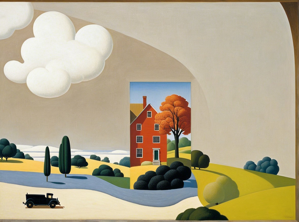 Stylized landscape with cloud, river, and autumn colors