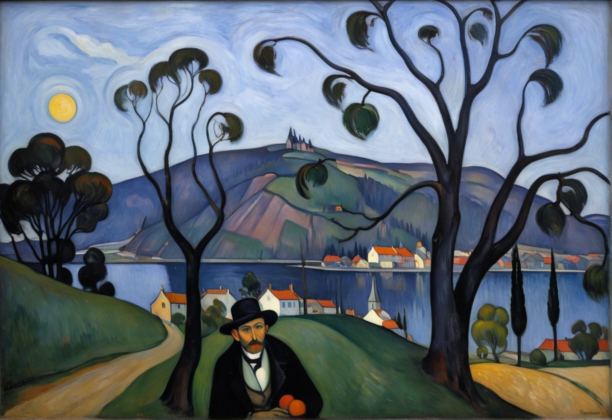 Serene Landscape with Man, Lake, and Village Scene