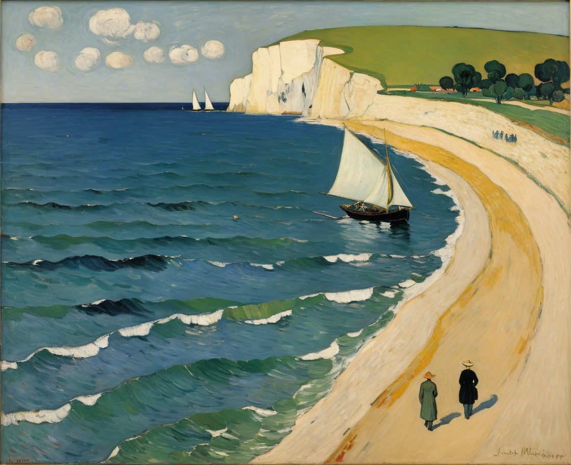 Coastal Landscape Oil Painting with Beach and Sailboat