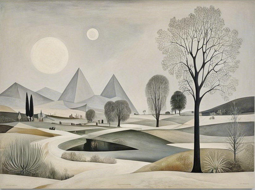 Monochromatic Landscape with Hills and River Scene