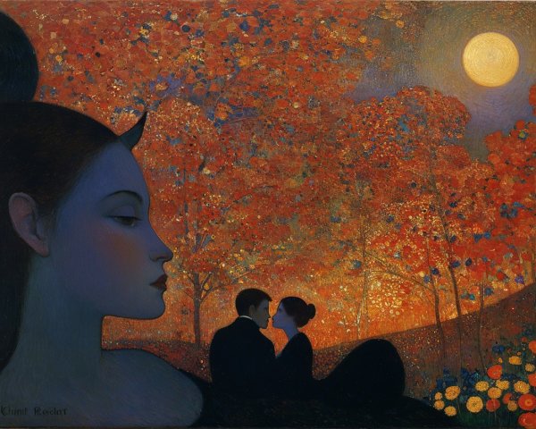 Autumn Landscape with Woman and Couple in Moonlight