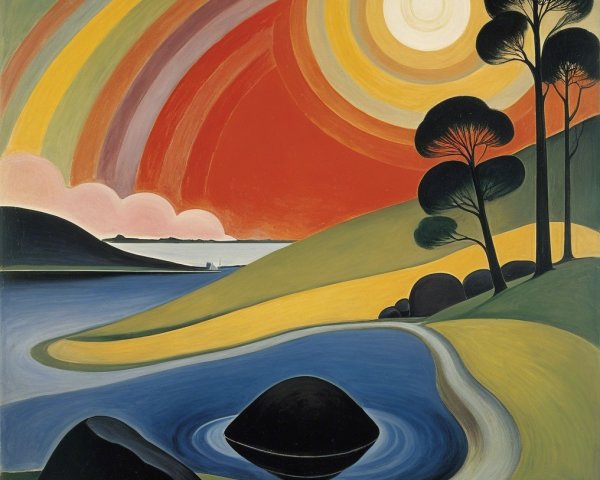 Colorful Landscape with Serene Lake and Rolling Hills