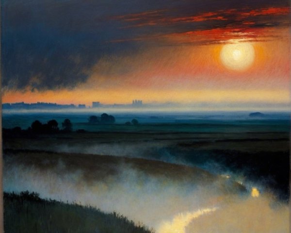 Serene Dusk Landscape with River and Sunset Hues