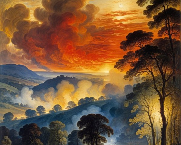 Dramatic Sunset Landscape with Silhouetted Trees