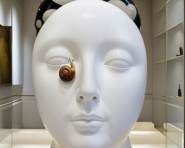 Large White Human Head Sculpture with Snail Detail