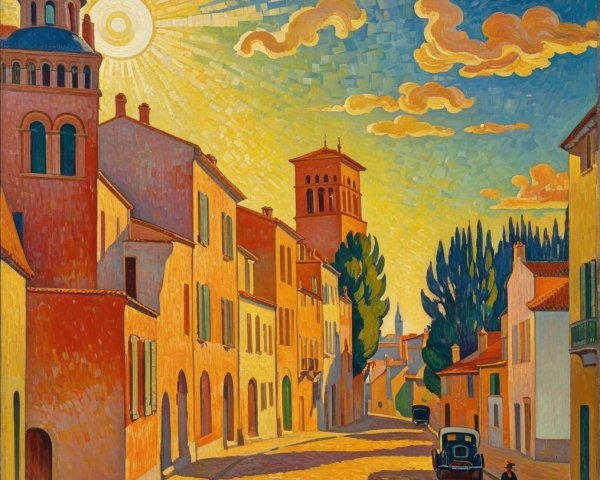 Vibrant Sunlit Street Scene with Quaint Architecture