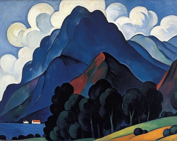 Vibrant Stylized Landscape with Mountains and Lake