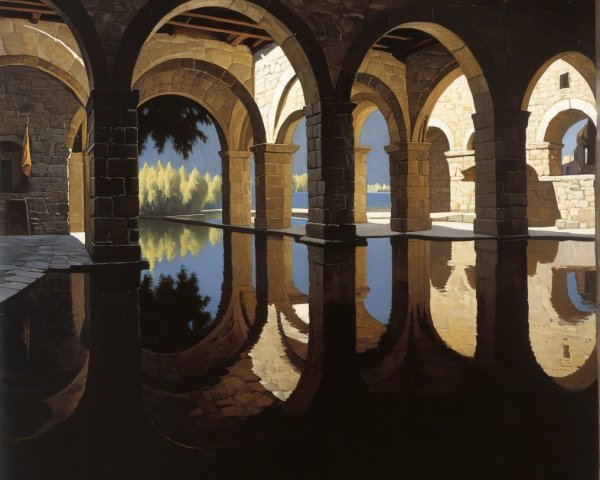 Architectural Serenity with Stone Arches and Reflection