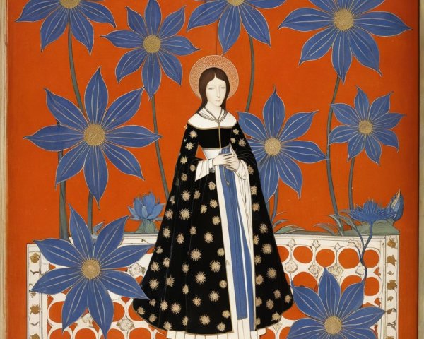 Graceful figure in black gown with golden motifs