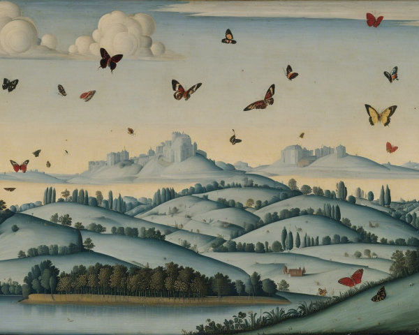 Serene Landscape with Hills, Lake, and Castles