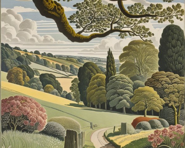 Serene Countryside Scene with Rolling Hills and Trees