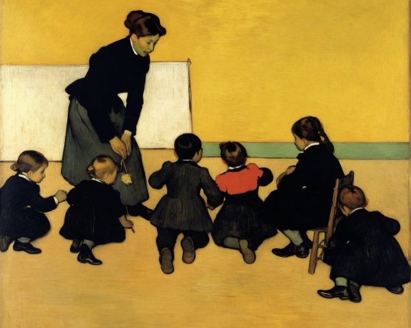 Woman in Period Attire with Children in Dark Clothing