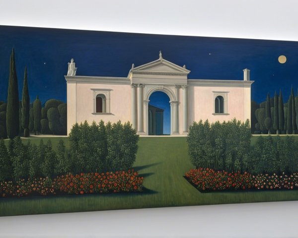 Serene Night Scene with Classical Building and Nature