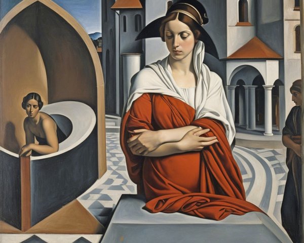 Serene Scene with Central Figure in Red Garment