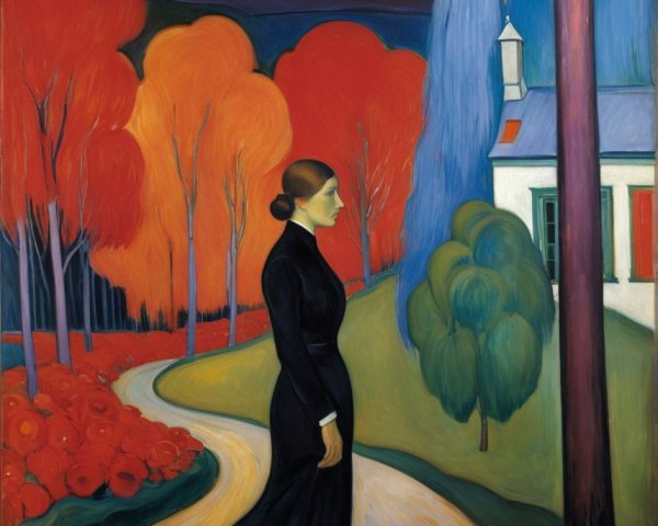 Solitary Woman in Black Dress Amidst Autumn Landscape