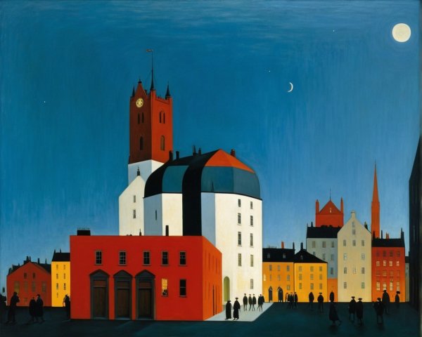 Stylized Night Scene of Town with Clock Tower and Moon