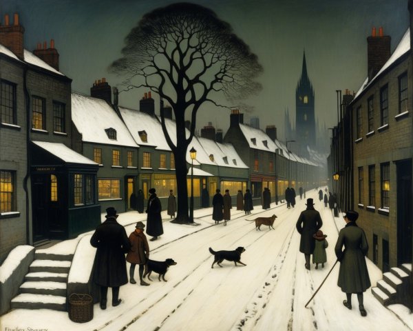 Snowy Dusk Street Scene with Pedestrians and Dogs